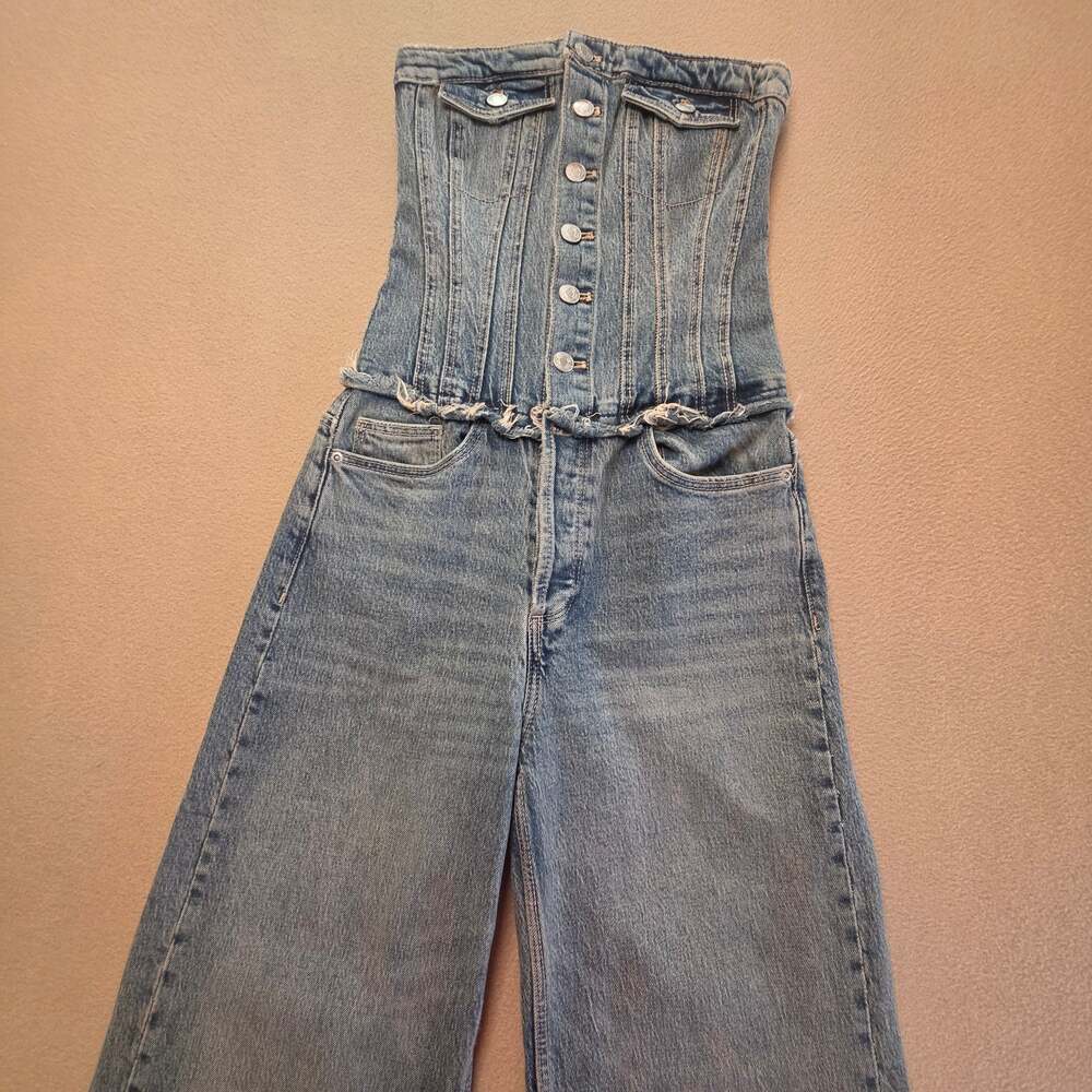 Zara TRF Strapless Bustier Corset Wide-Leg Denim Jumpsuit Sz XS